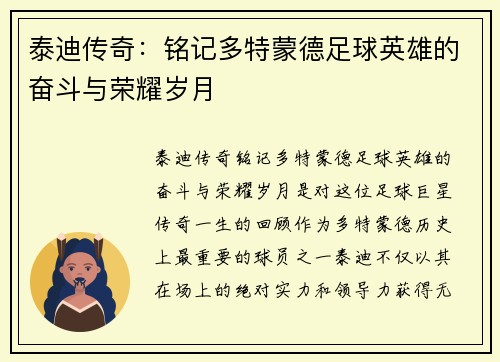 泰迪传奇：铭记多特蒙德足球英雄的奋斗与荣耀岁月